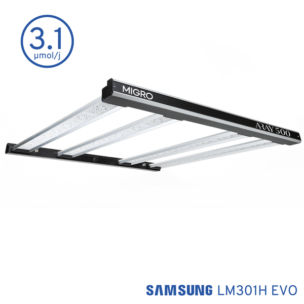The MIGRO ARAY 500 is a high efficiency grow light with 3.1 µmol/Joule PPE delivering full spectrum light, high PAR intensity with unparalleled uniformity